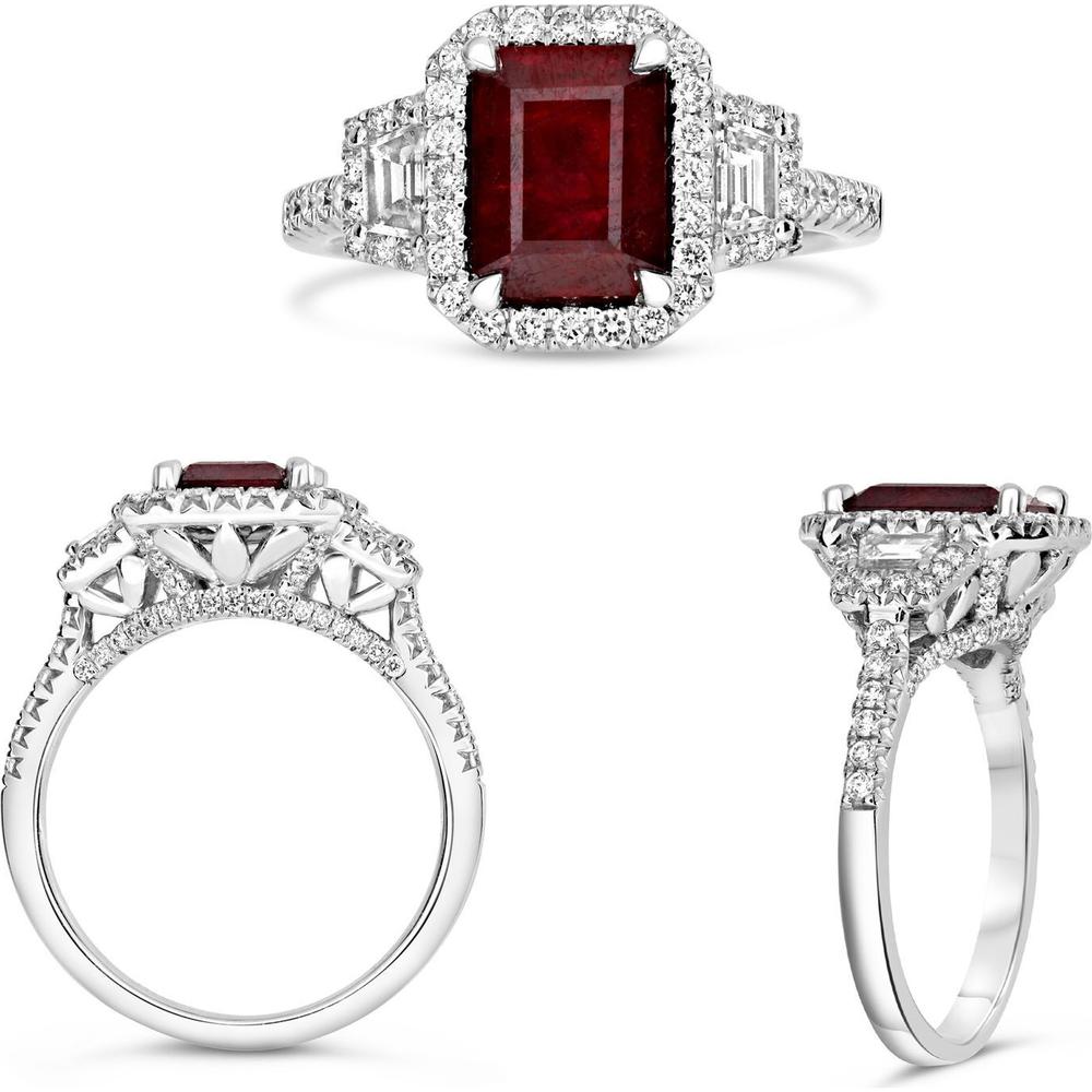 Roman & Jules - Platinum Emerald-Cut Ruby Ring with Diamond Halo and Trapezoid Side Stones - 1.78 Carat Ruby and 0.79 Carat Diamond Accent