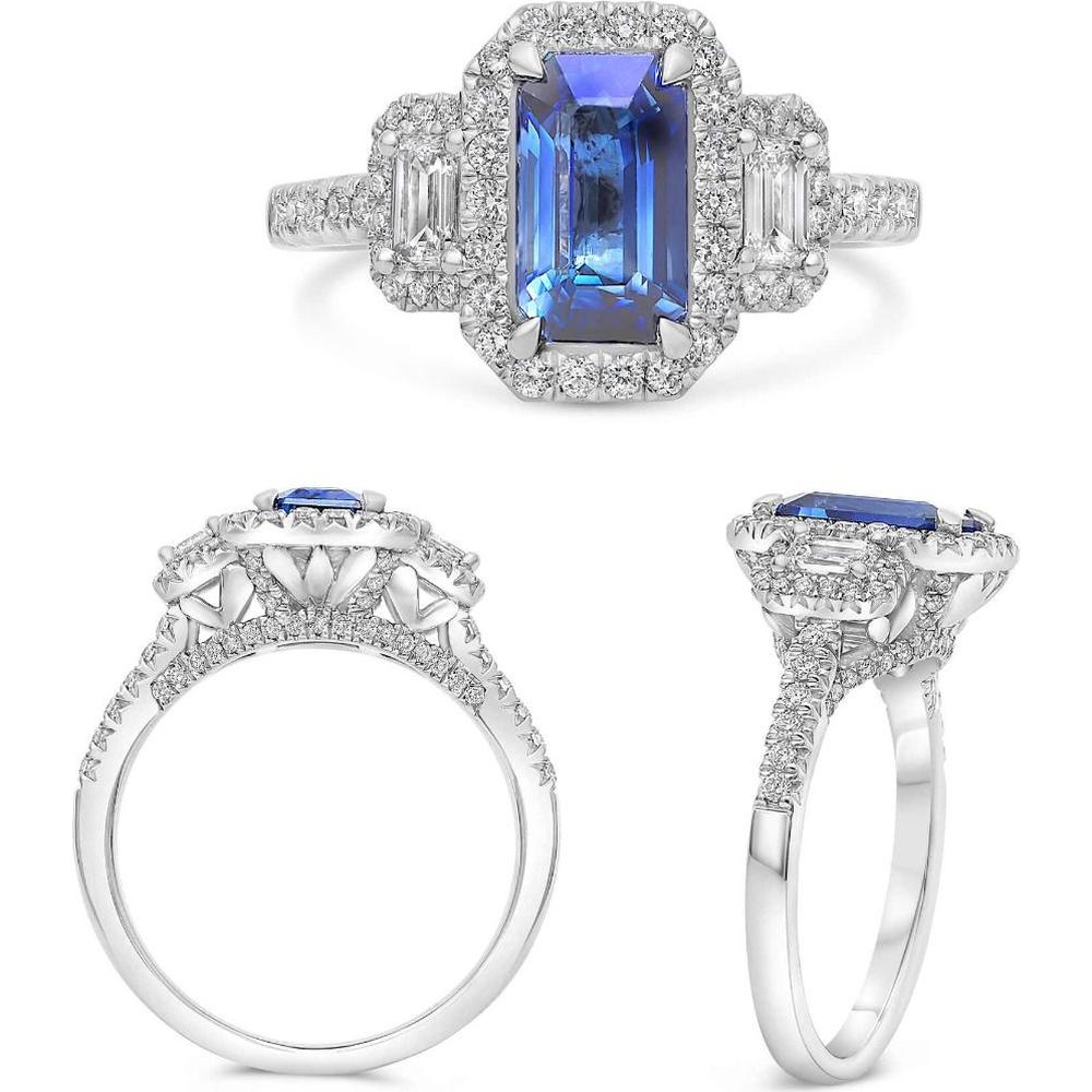 Roman & Jules - Platinum Emerald-Cut Sapphire Ring with Round and Emerald-Cut Diamonds - 1.61 Carat Sapphire, 0.48 Carat Round Diamonds, 0.29 Carat Emerald-Cut Diamonds