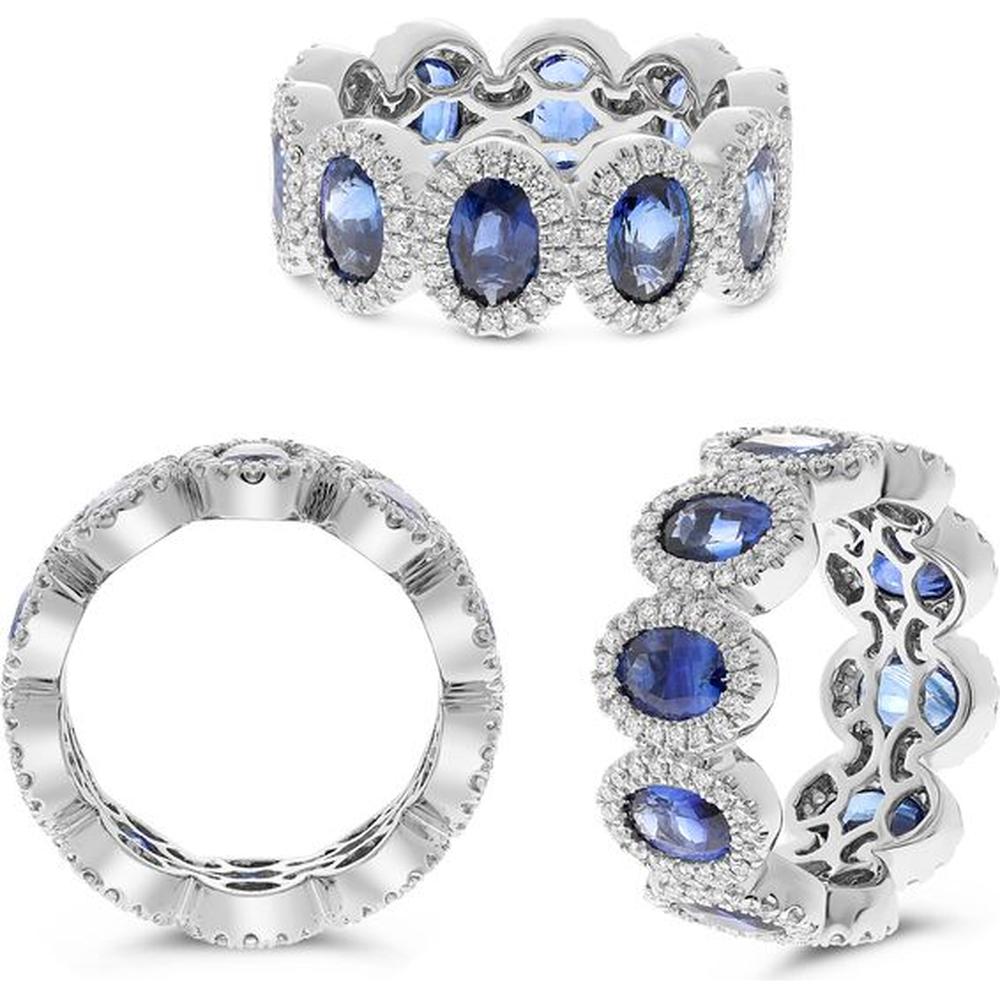Roman & Jules - Platinum Eternity Band with Oval Sapphires and Round Diamond Halos - 6.10 Carat Total Gemstone Weight