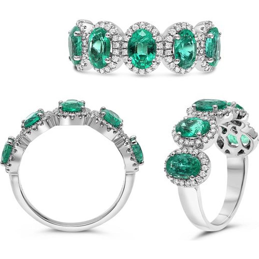 Roman & Jules - Platinum Half-Way Band with Oval Emeralds and Diamond Halos - 2.32 Carat Emerald and 0.35 Carat Diamond Total Weight