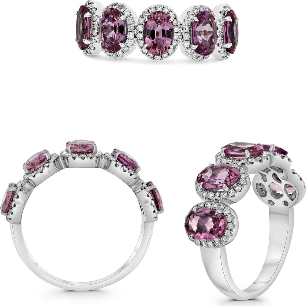 Roman & Jules - Platinum Half-Way Band with Oval Pink Sapphires and Round Diamond Halos - 2.84 Carat Pink Sapphire & 0.35 Carat Diamond Total Weight