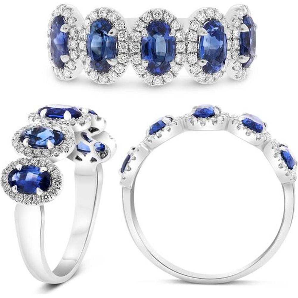 Roman & Jules - Platinum Half-Way Band with Oval Sapphires and Round Diamond Halos - 2.27 Carat Total Gemstone Weight