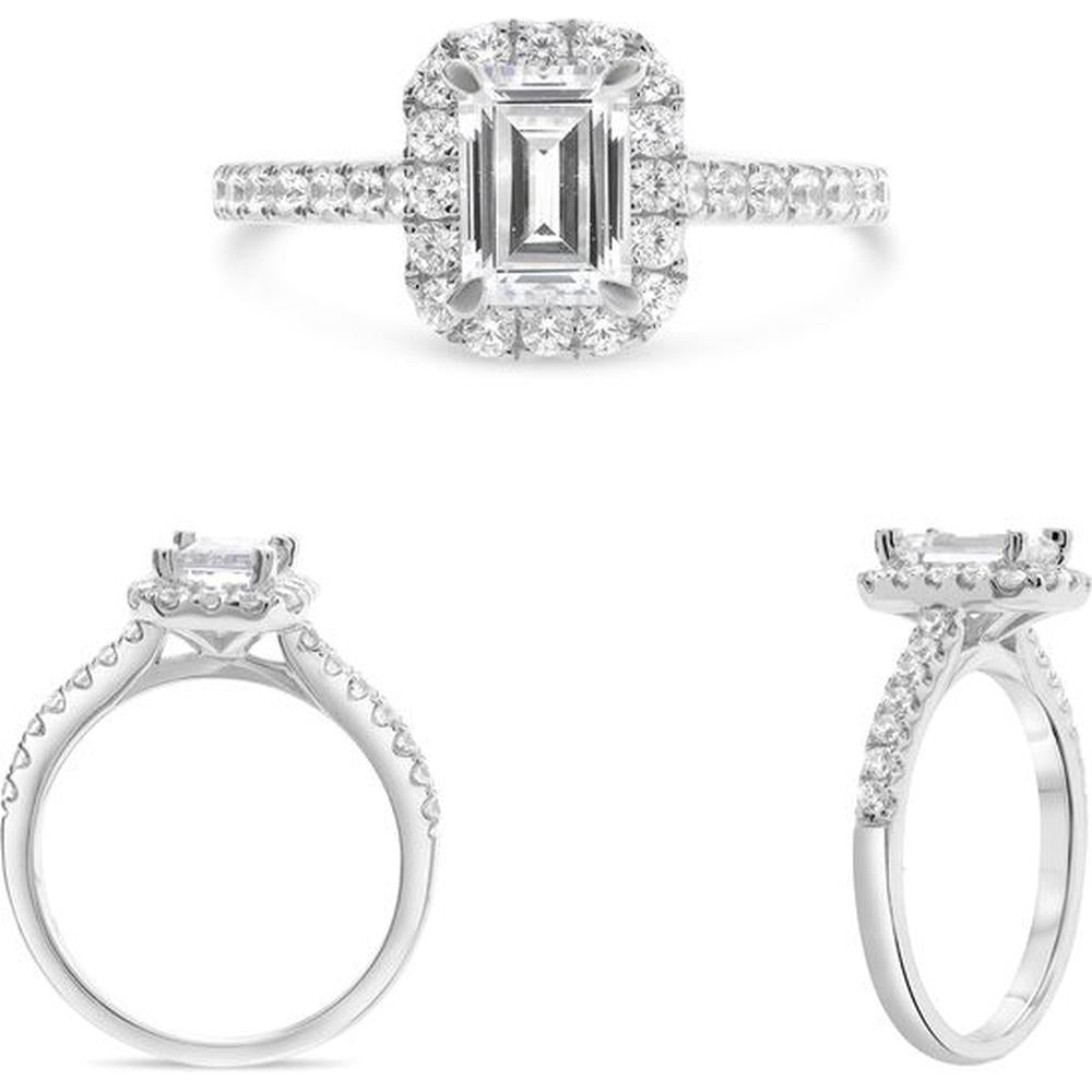 Roman & Jules - Platinum Halo Engagement Ring with Emerald-Cut Center Diamond and Round Micropavé Diamonds - 0.46 Carat Total Diamond Weight