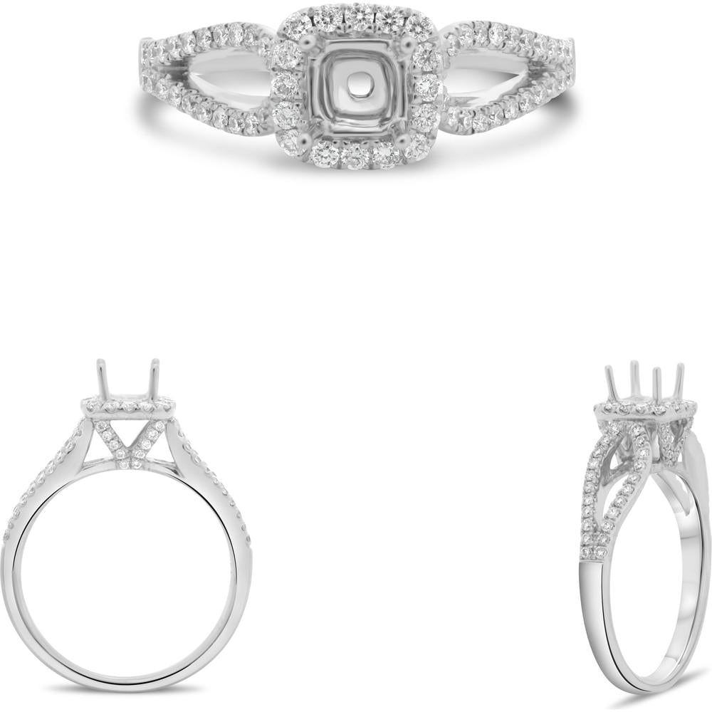 Roman & Jules - Platinum Halo Ring with Princess-Style Center and 0.37 Carat Round Diamond Accents