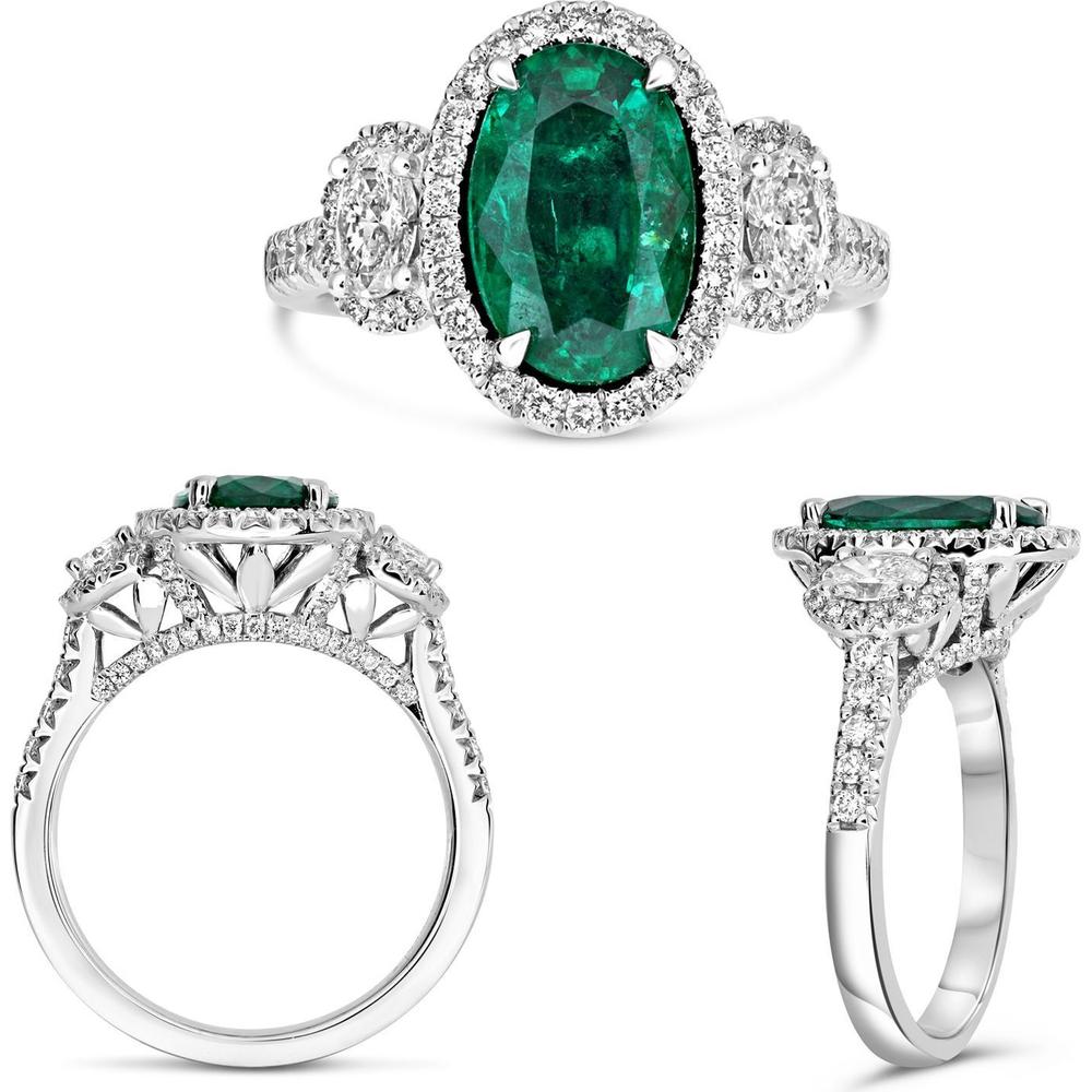 Roman & Jules - Platinum Oval Emerald and Diamond Halo Ring with 3.41 Carat GIA Emerald and 0.54 Carat Diamond Accents