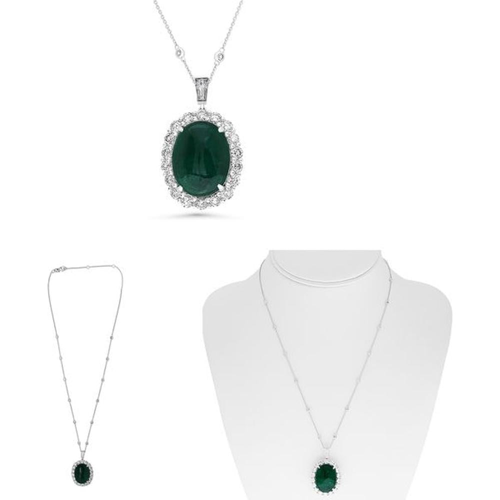Roman & Jules - Platinum Oval Emerald Pendant Necklace with 22.80 Carat GIA Emerald and 4.53 Carat Total Diamond Accents