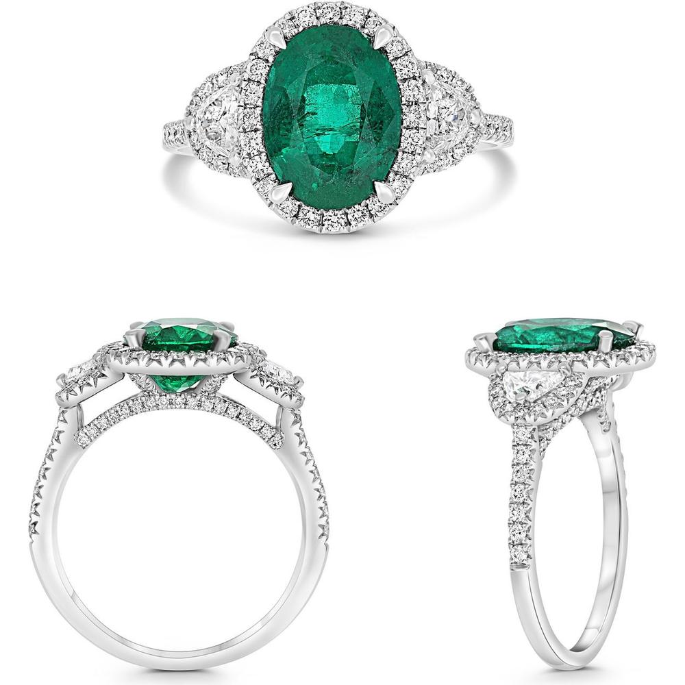 Roman & Jules - Platinum Oval Emerald Ring with Diamond Accents - 2.74 Carat Emerald and 0.85 Carat Total Diamond Weight