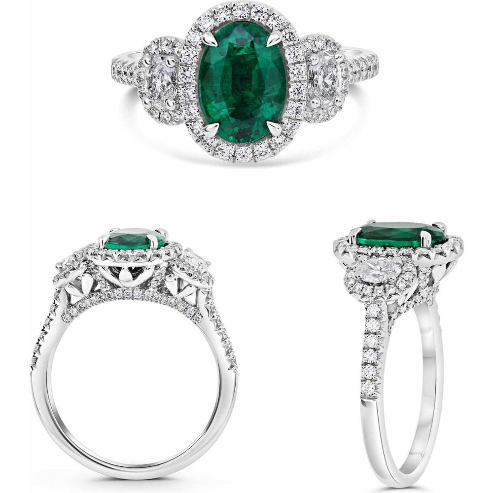 Roman & Jules - Platinum Oval Emerald Ring with Diamond French Pavé Halo - 2.21 Carat Total Gemstone Weight
