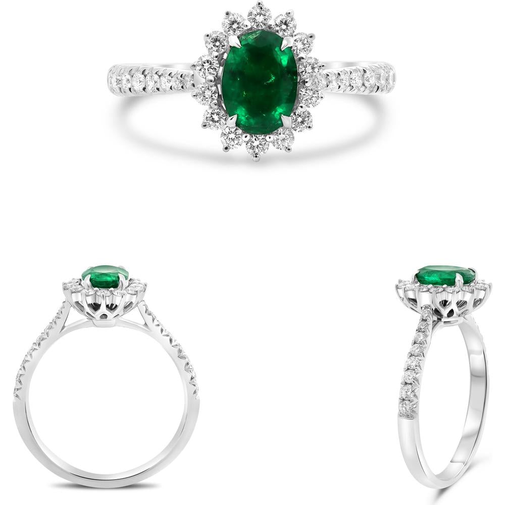 Roman & Jules - Platinum Oval Emerald Ring with Diamond Halo - 0.53 Carat Emerald and 0.50 Carat Diamond Weight