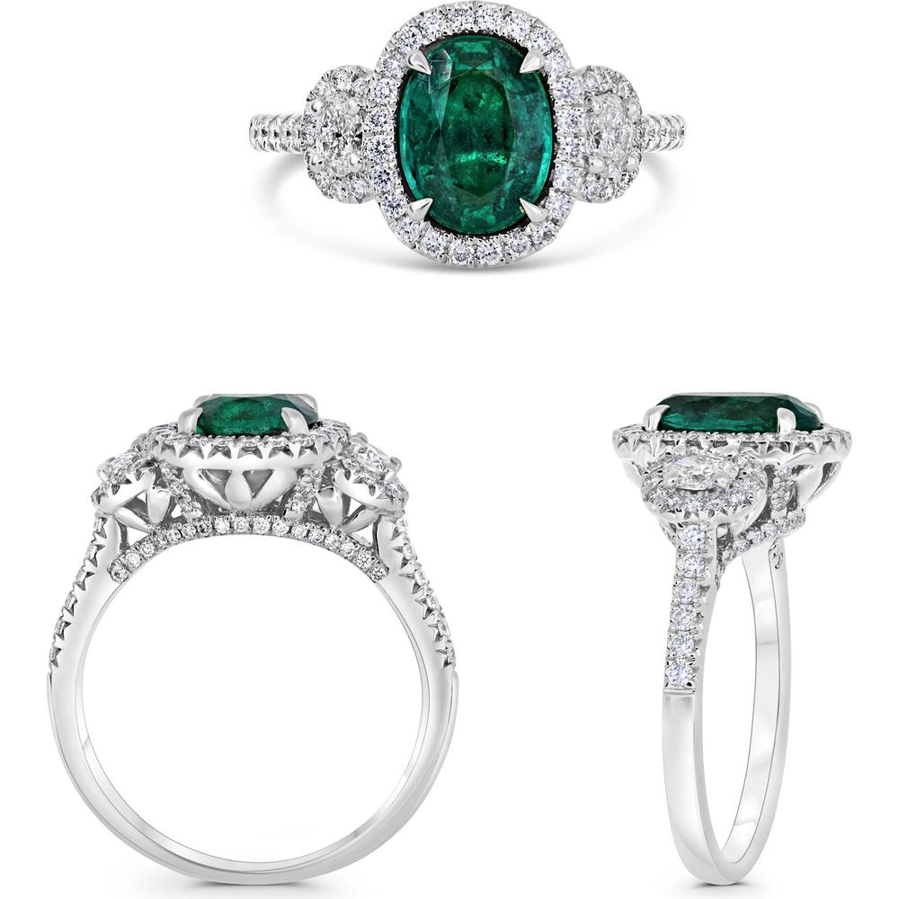 Roman & Jules - Platinum Oval Emerald Ring with Diamond Halo - 1.79 Carat Emerald and 0.46 Carat Diamond Accents