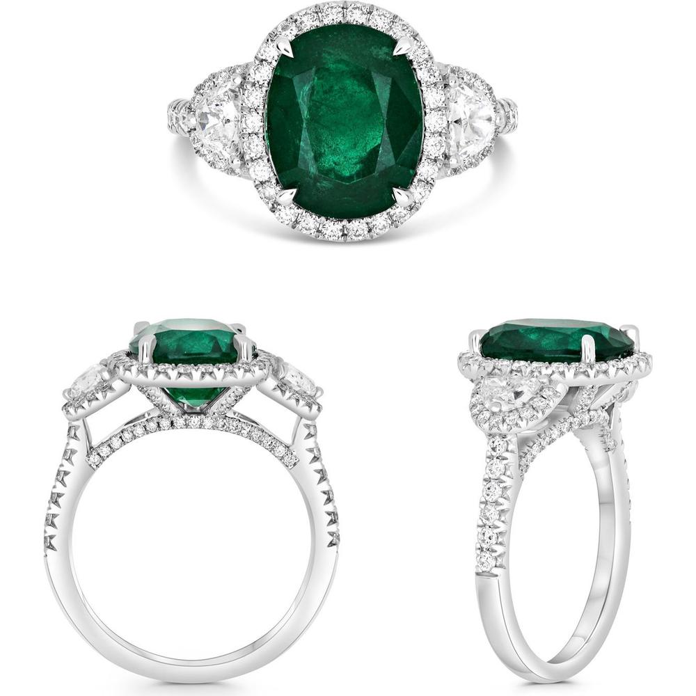 Roman & Jules - Platinum Oval Emerald Ring with Diamond Halo and Three-Stone Accents - 3.71 Carat Emerald and 1.01 Carat Total Diamond Weight