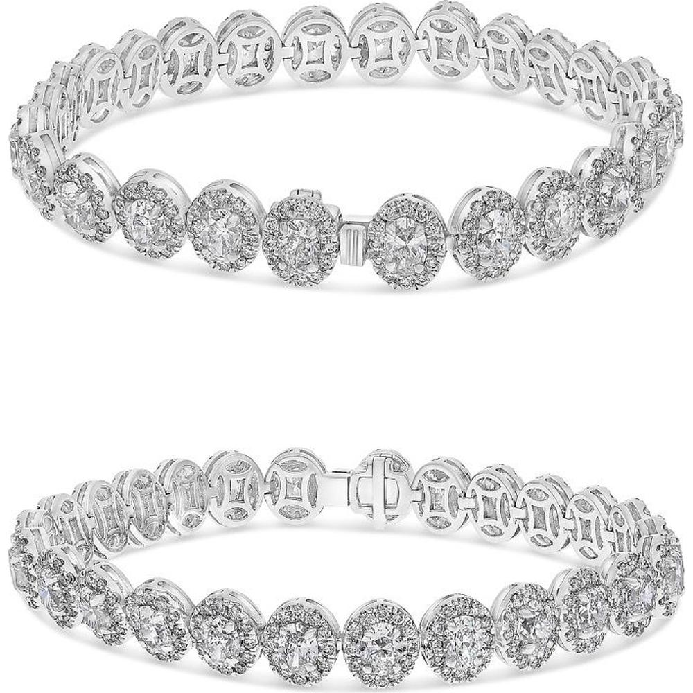 Roman & Jules - Platinum Oval Halo Tennis Bracelet with Round Diamonds - 7.81 Carat Total Diamond Weight