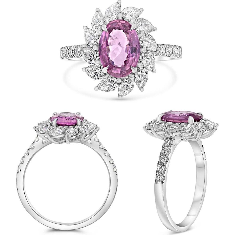 Roman & Jules - Platinum Oval Pink Sapphire Ring with Diamond Halo - 1.75 Carat Total Gemstone Weight