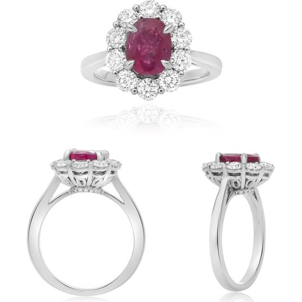 Roman & Jules - Platinum Oval Ruby and Diamond Halo Ring with 2.24 Carat Ruby and 1.20 Carat Round Diamonds