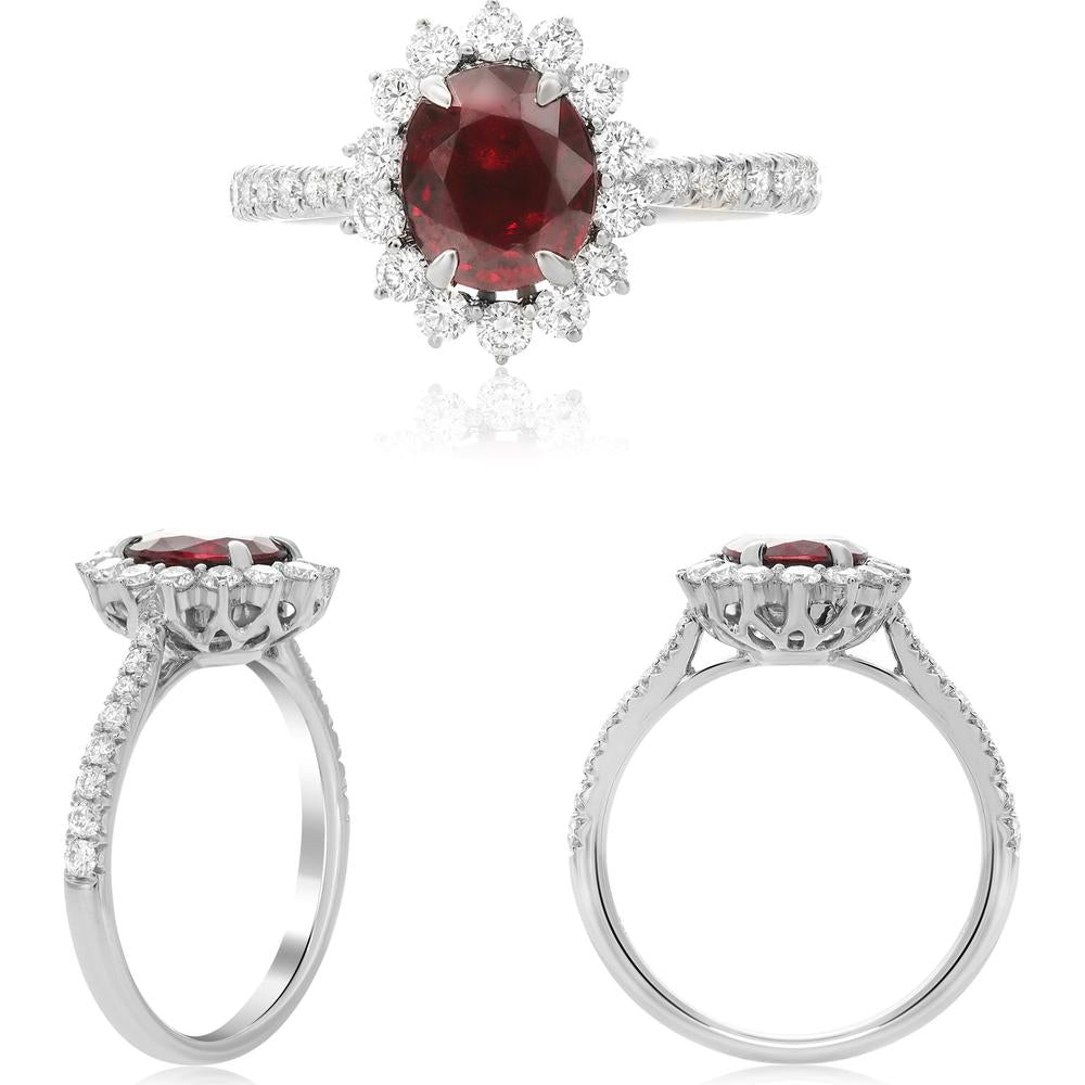 Roman & Jules - Platinum Oval Ruby Ring with Diamond Halo - 0.69 Carat Ruby and 0.50 Carat Diamond Accents