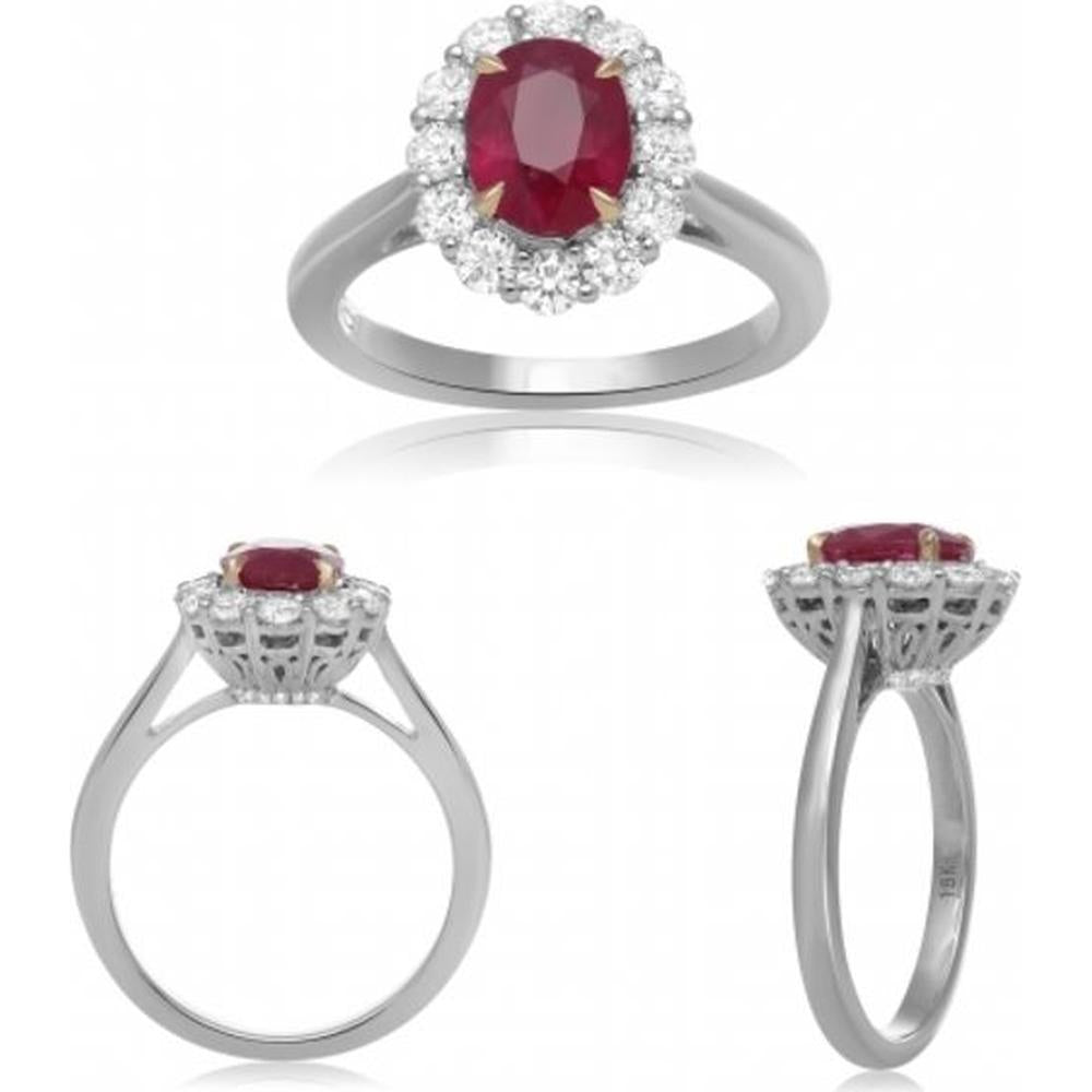 Roman & Jules - Platinum Oval Ruby Ring with Diamond Halo - 1.72 Carat Ruby and 0.76 Carat Total Diamond Weight