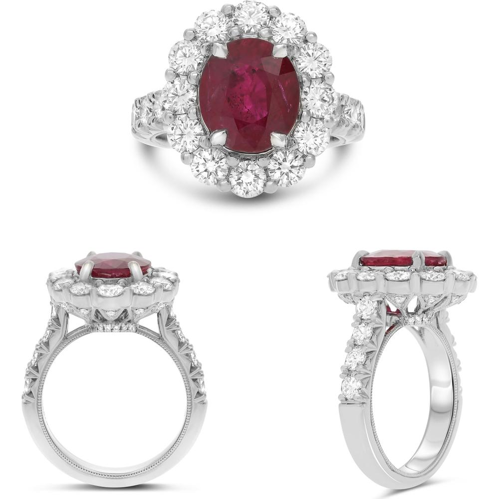 Roman & Jules - Platinum Oval Ruby Ring with Diamond Halo - 3.47 Carat Ruby and 1.32 Carat Diamond Total Weight