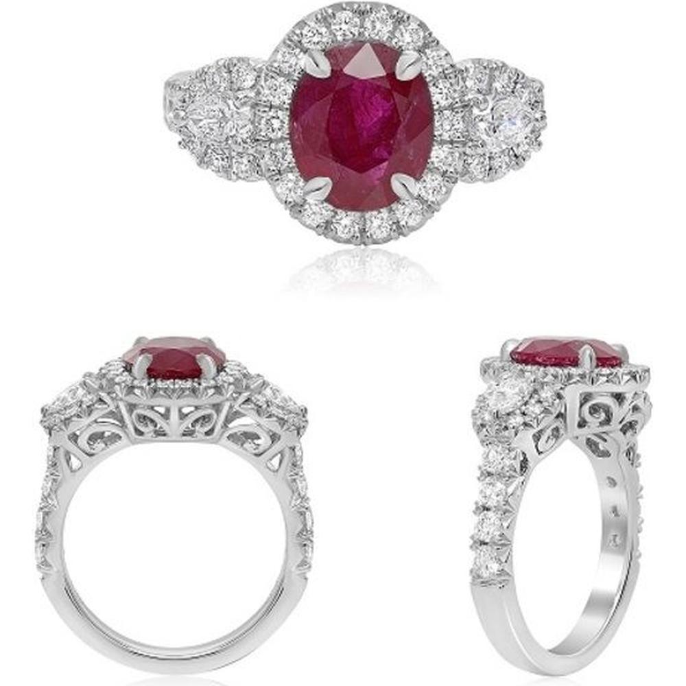 Roman & Jules - Platinum Oval Ruby Ring with Diamond Halo and Three-Stone Accents - 2.80 Carat Ruby and 1.20 Carat Total Diamond Weight
