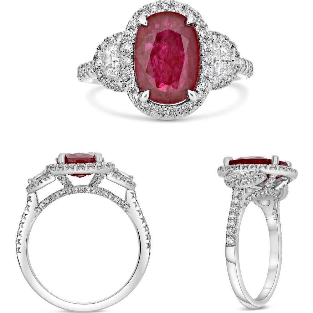 Roman & Jules - Platinum Oval Ruby Ring with French Pavé Diamond Halo - 1.54 Carat Ruby and 0.48 Carat Total Diamond Weight