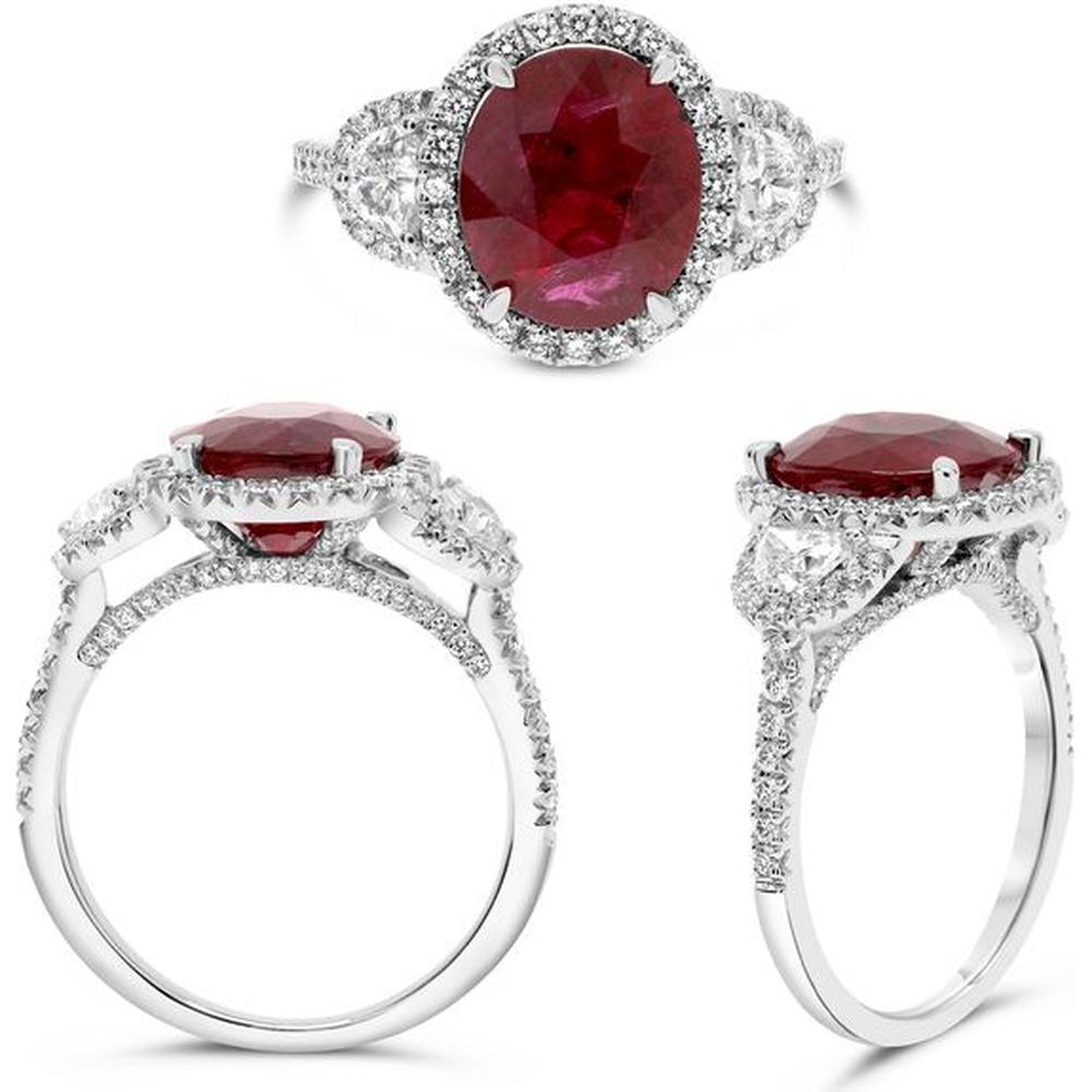 Roman & Jules - Platinum Oval Ruby Ring with Round Diamond Accents - 3.83 Carat Ruby and 0.90 Carat Total Diamond Weight