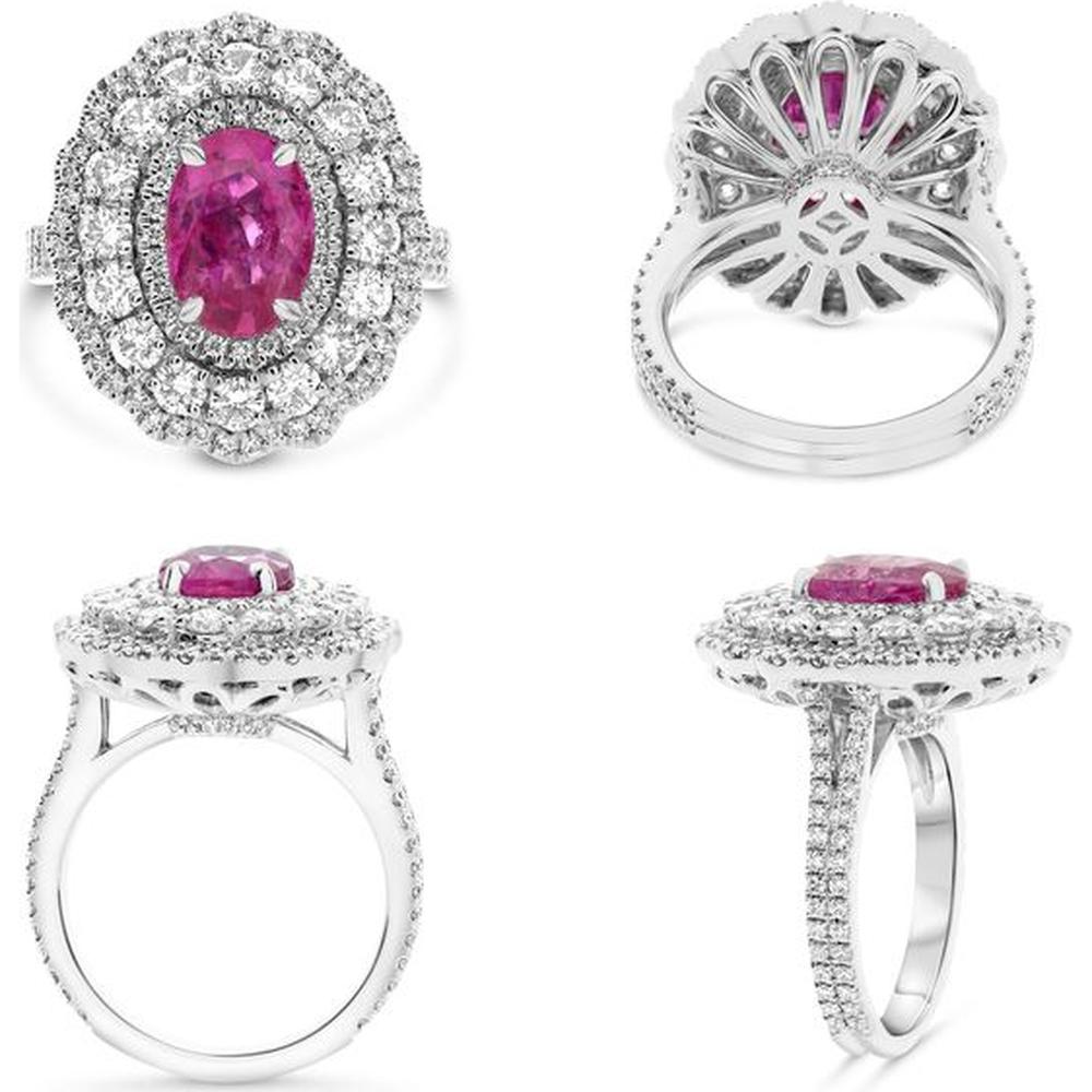 Roman & Jules - Platinum Oval Ruby Ring with Triple Diamond Halo - 2.77 Carat Ruby and 1.87 Carat Diamond Total Weight