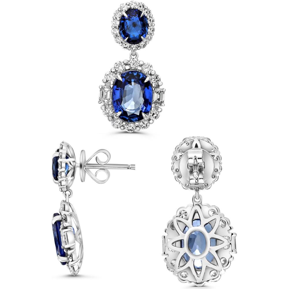 Roman & Jules - Platinum Oval Sapphire and Diamond Drop Earrings - 4.34 Carat Total Sapphire Weight and 1.40 Carat Total Diamond Weight
