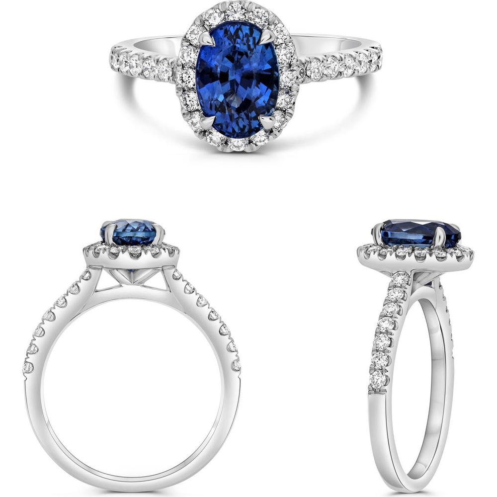 Roman & Jules - Platinum Oval Sapphire and Diamond Halo Engagement Ring with 0.49 Carat Diamond Accents and 2.29 Carat Sapphire Center
