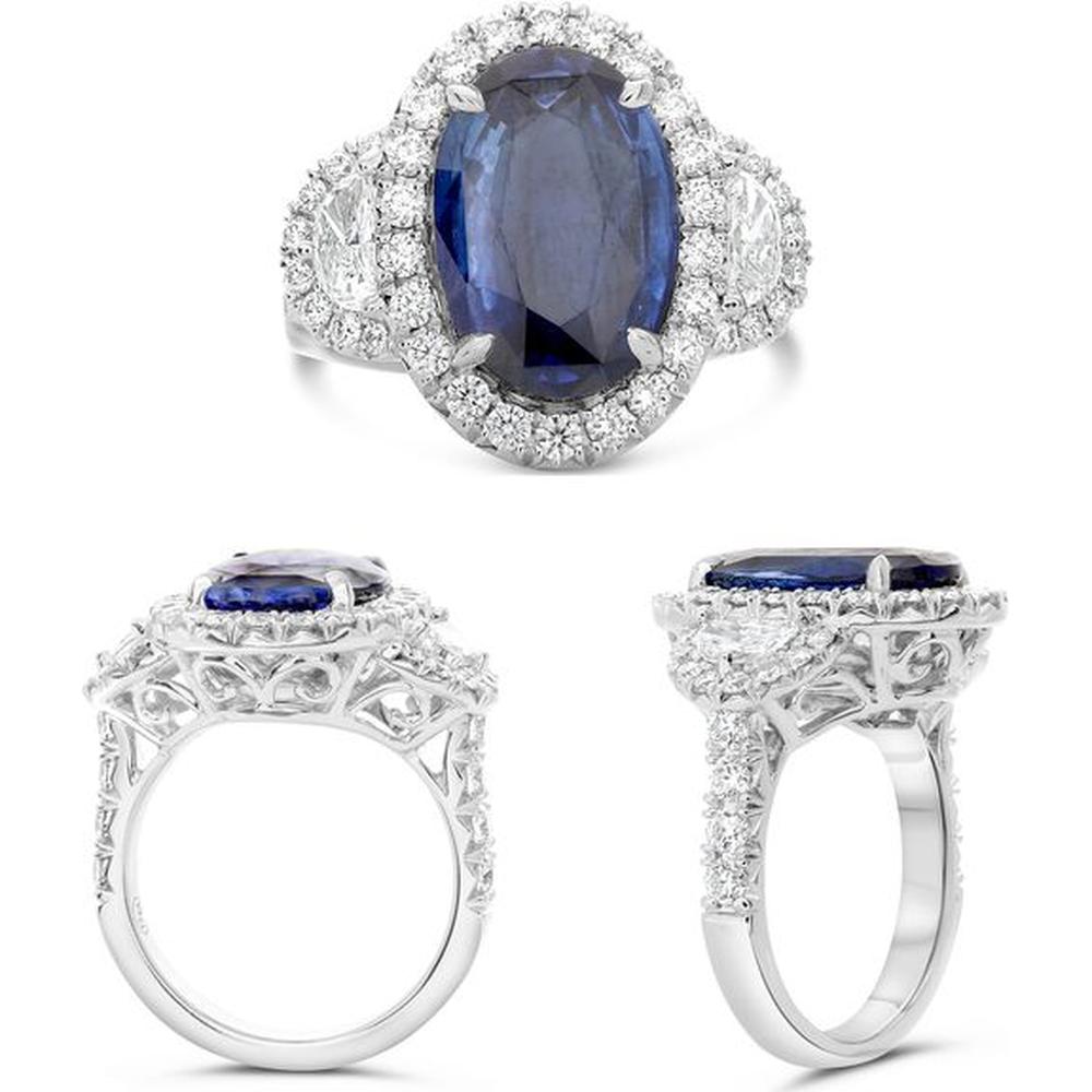 Roman & Jules - Platinum Oval Sapphire and Diamond Halo Ring with 3.15 Carat Sapphire and 0.90 Carat Total Diamond Weight