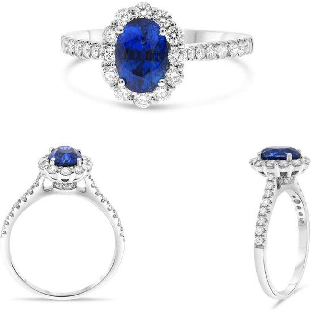 Roman & Jules - Platinum Oval Sapphire Halo Ring with 1.22 Carat Sapphire and 0.57 Carat Diamond Accents