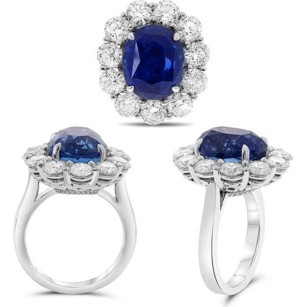 Roman & Jules - Platinum Oval Sapphire Halo Ring with 10.43 Carat Sapphire and 3.42 Carat Total Diamond Weight