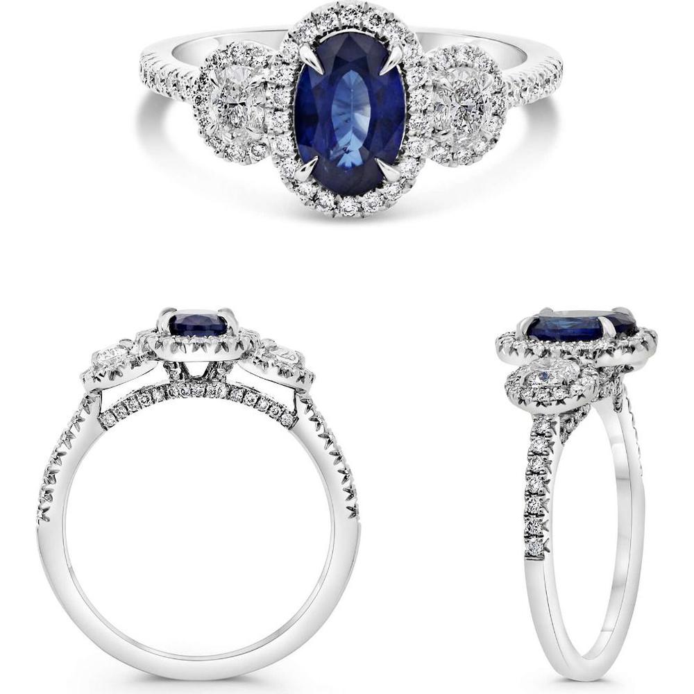 Roman & Jules - Platinum Oval Sapphire Halo Ring with French Pave Set Round Diamonds - 1.19 Carat Total Diamond Weight