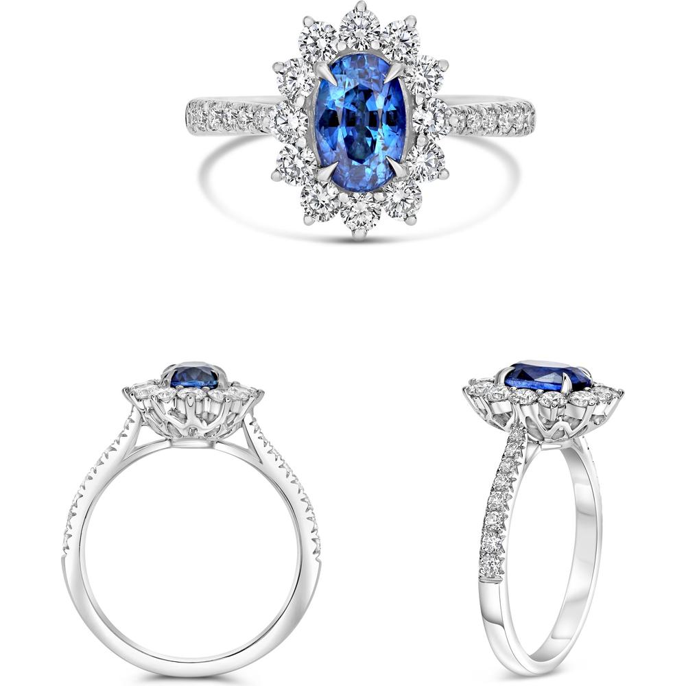Roman & Jules - Platinum Oval Sapphire Ring with 0.78 Carat Diamond Halo and 1.56 Carat GIA-Certified Sapphire