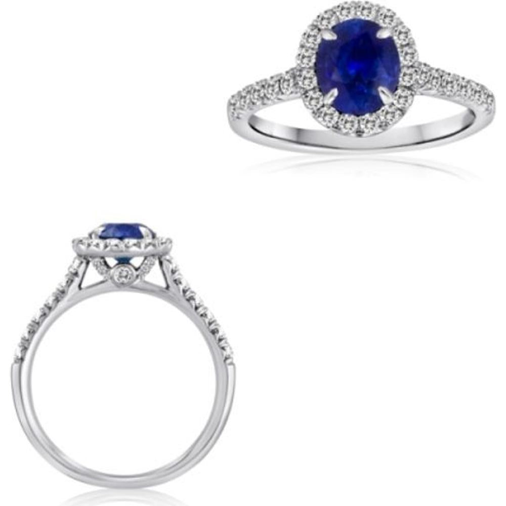 Roman & Jules - Platinum Oval Sapphire Ring with Diamond Halo featuring 1.55 Carat Sapphire and 0.55 Carat Round Diamonds
