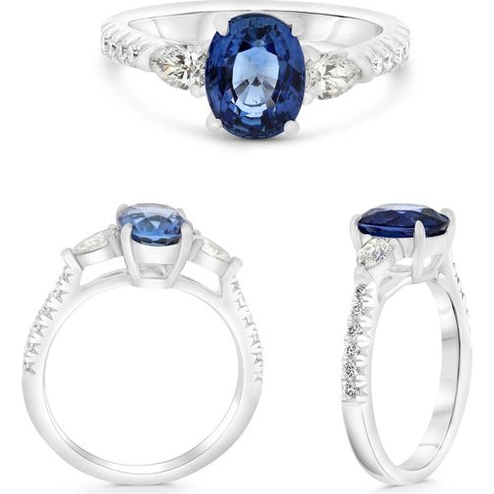 Roman & Jules - Platinum Oval Sapphire Ring with Pear and Round Diamond Accents - 1.90 Carat Sapphire, 0.48 Carat Total Diamond Weight