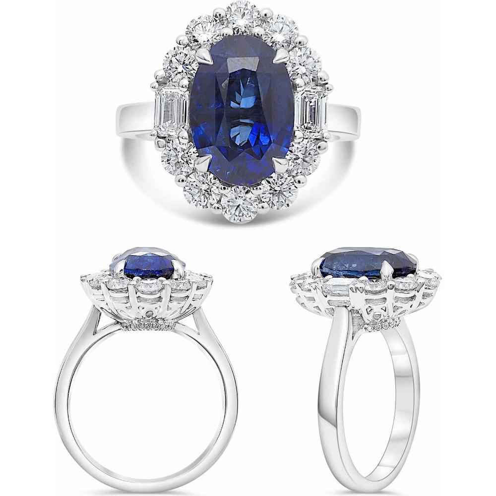 Roman & Jules - Platinum Oval Sapphire Ring with Round and Baguette Diamonds - 5.22 Carat Sapphire and 1.48 Carat Total Diamond Weight