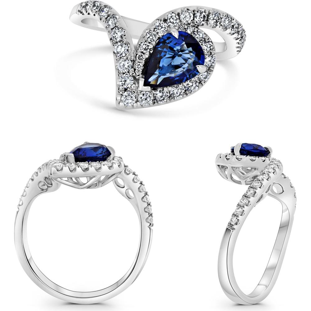 Roman & Jules - Platinum Pear-Shape Sapphire and Diamond Halo Ring - 0.77 Carat Sapphire and 0.40 Carat Diamond Total Weight