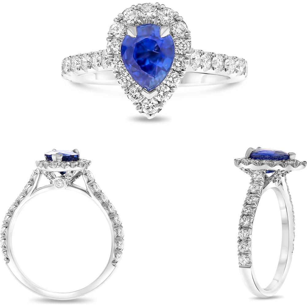 Roman & Jules - Platinum Pear-Shape Sapphire Ring with Diamond Halo - 1.96 Carat Total Gemstone Weight