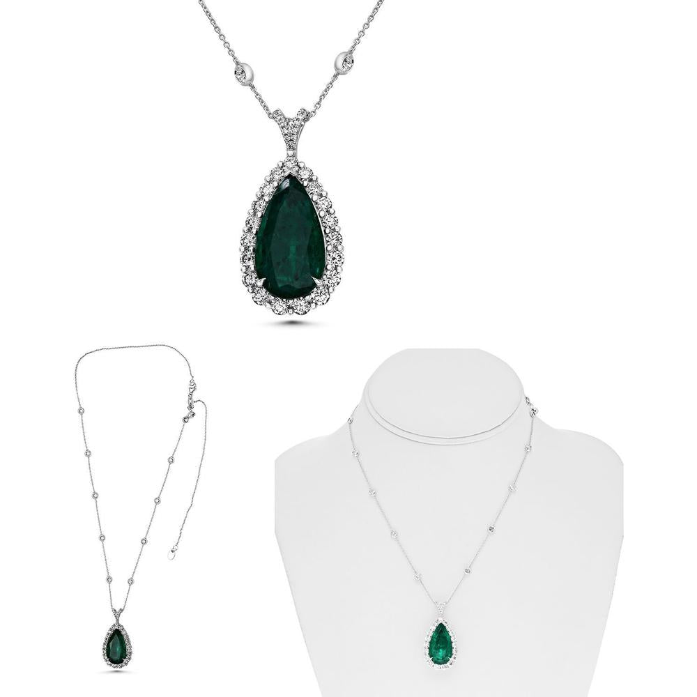 Roman & Jules - Platinum Pear-Shaped Emerald Necklace with 3.07 Carat Round Diamond Halo and 9.75 Carat GIA Emerald