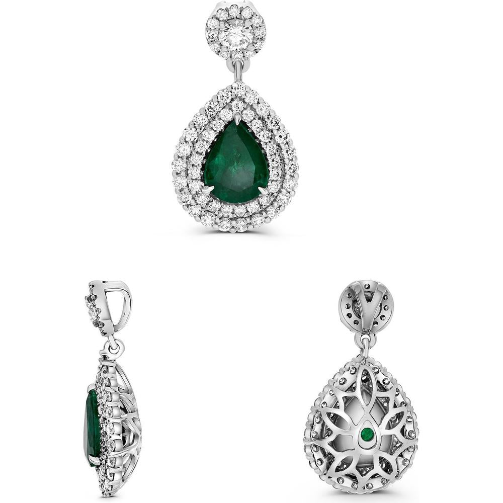 Roman & Jules - Platinum Pear-Shaped Emerald Pendant with Double Diamond Halo - 1.00 Carat Emerald and 0.58 Carat Total Diamond Weight