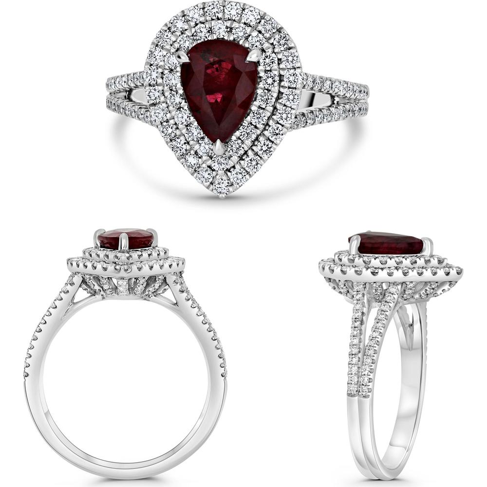 Roman & Jules - Platinum Pear-Shaped Ruby and Round Diamond Double Halo Ring - 1.35 Carat Ruby, 0.68 Carat Diamond Total Weight