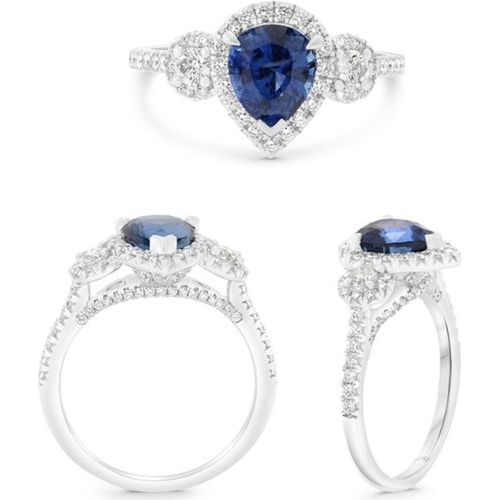 Roman & Jules - Platinum Pear-Shaped Sapphire Ring with Diamond Halo - 1.63 Carat Sapphire and 0.71 Carat Total Diamond Weight