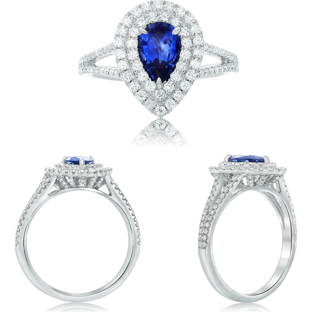 Roman & Jules - Platinum Pear-Shaped Sapphire Ring with Double Diamond Halo - 1.56 Carat Sapphire and 0.68 Carat Total Diamond Weight