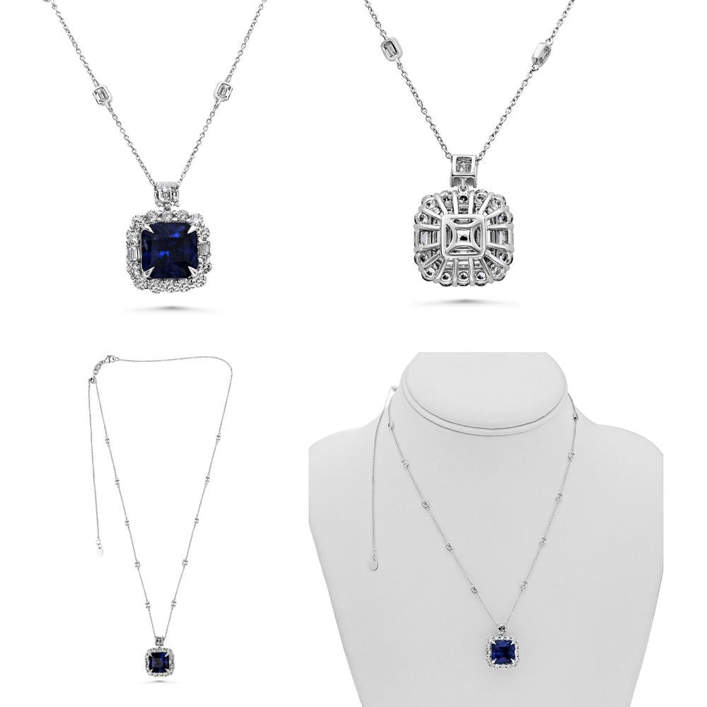 Roman & Jules - Platinum Pendant Necklace with 10.18 Carat Emerald-Cut Sapphire and 3.11 Carat Diamond Halo Accents