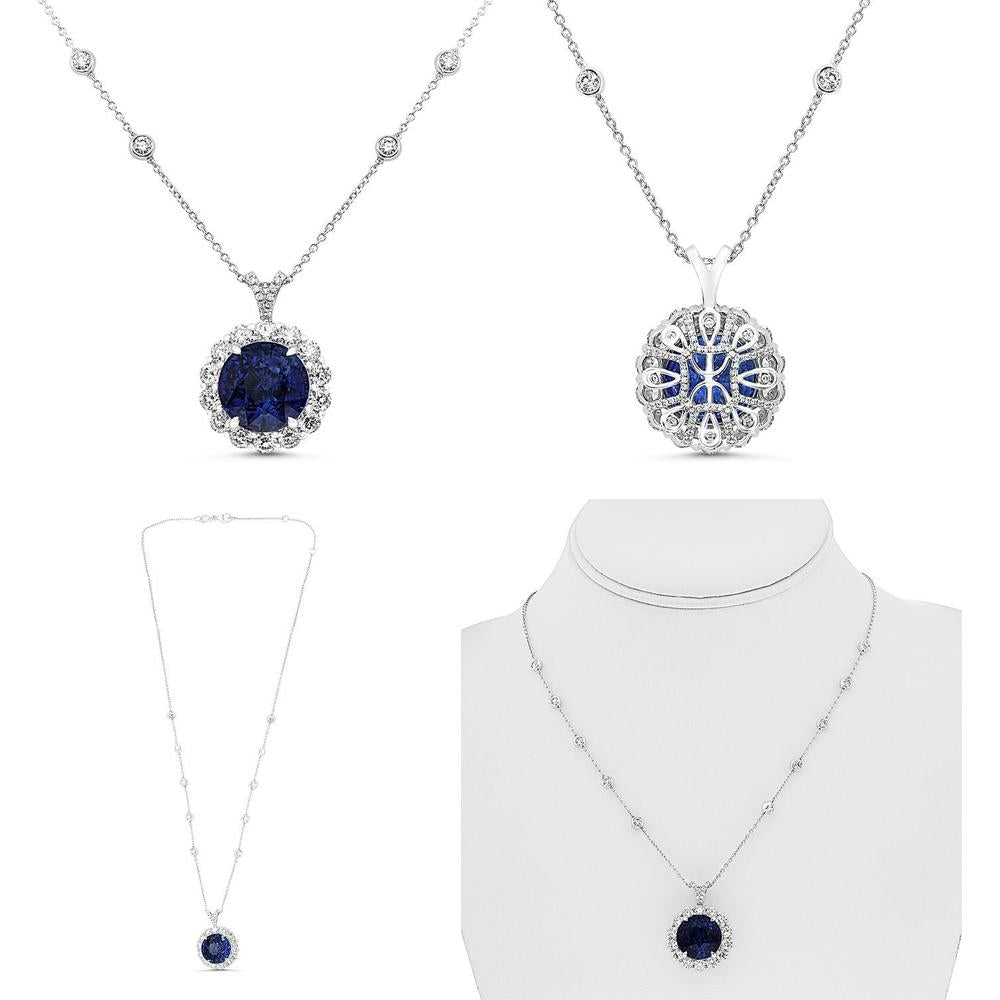 Roman & Jules - Platinum Pendant Necklace with 16.62 Carat Round Sapphire and 3.72 Carat Diamond Halo