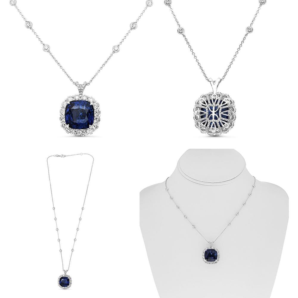 Roman & Jules - Platinum Pendant Necklace with Cushion-Cut 18.72 Carat Sapphire and 4.09 Carat Diamond Halo