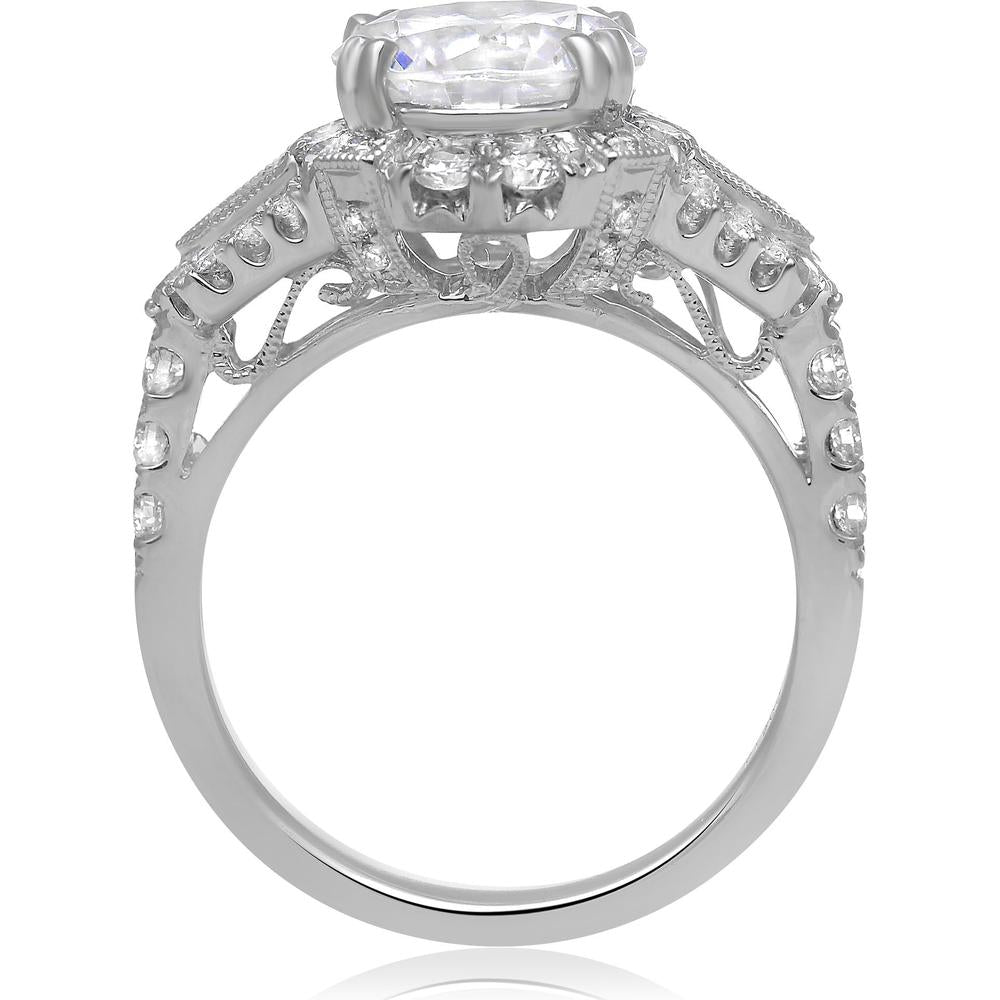 Roman & Jules - Platinum Ring with 0.70 Carat Round Diamond and 0.13 Carat Baguette Diamonds in Halo Setting