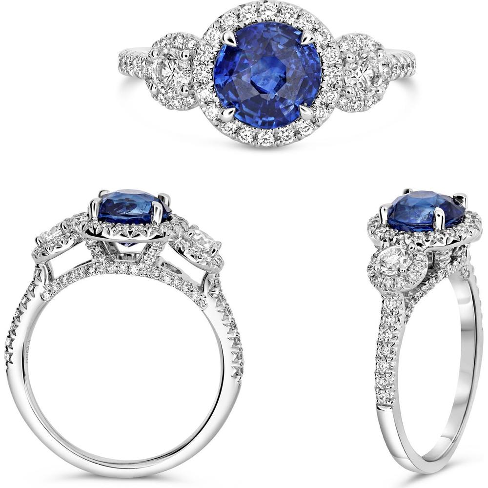 Roman & Jules - Platinum Ring with 2.41 Carat Round Sapphire and 0.78 Carat Total Round Diamonds
