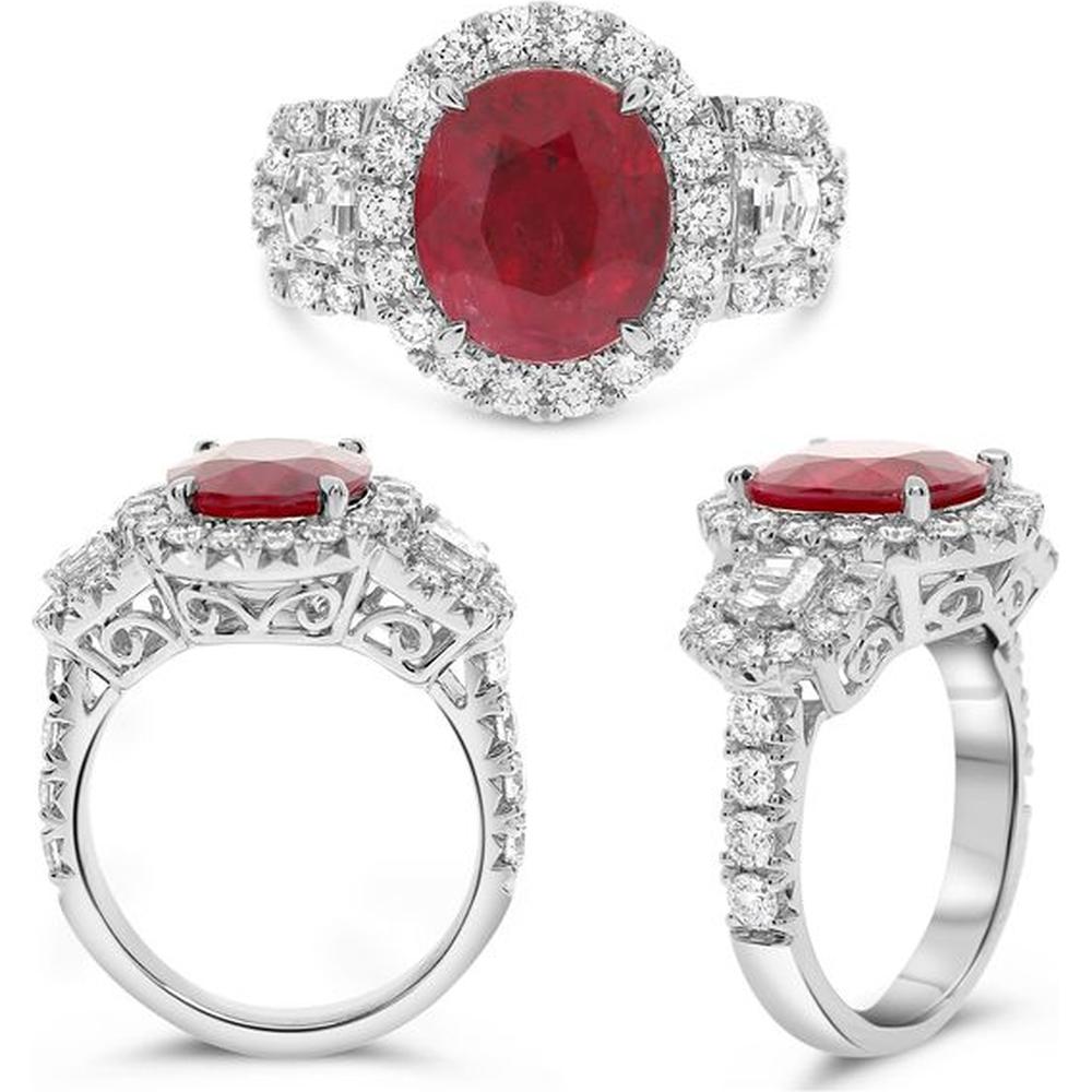 Roman & Jules - Platinum Ring with 4.16 Carat Oval Ruby and 1.06 Carat Diamond Halo