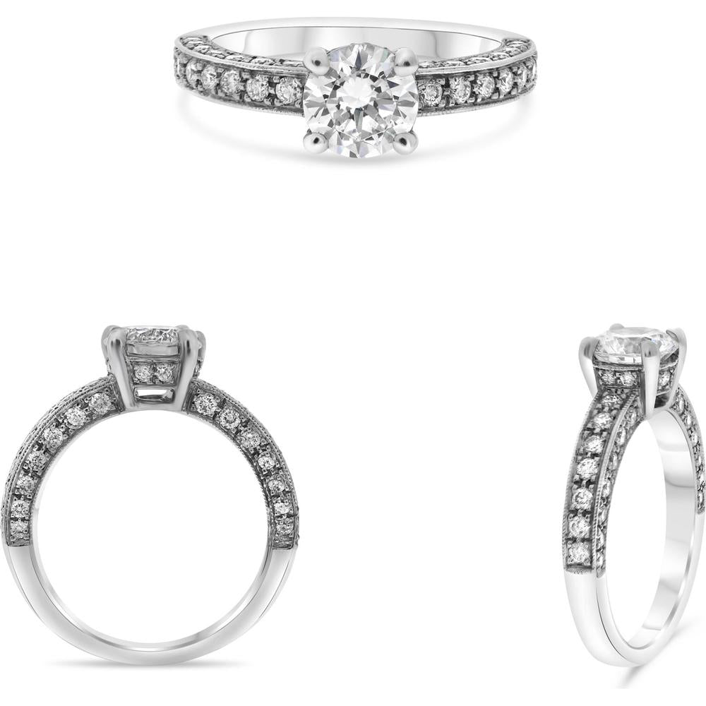 Roman & Jules - Platinum Ring with Round Center Diamond and Pavé-Set Diamond Accents - 0.68 Carat Total Diamond Weight