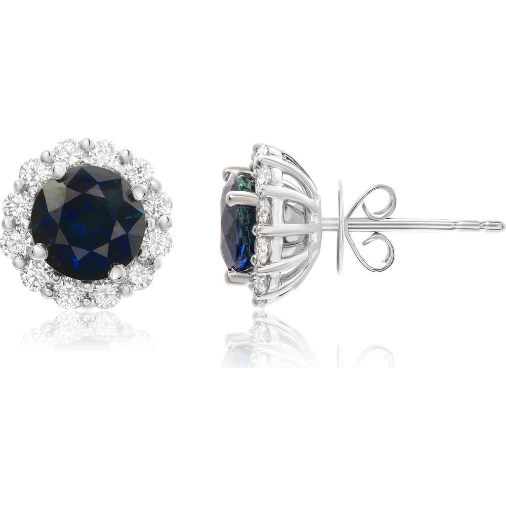 Roman & Jules - Platinum Round Sapphire Stud Earrings with Diamond Halos - 1.62 Carat Total Sapphire Weight and 1.38 Carat Total Diamond Weight
